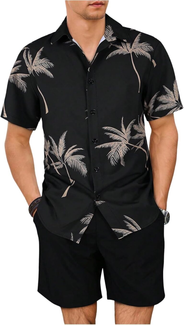 GORGLITTER Men's Vacation Beach Cruise Summer Outfits 2 Piece Shorts Set Hawaiian Button Down Shirt and Shorts
