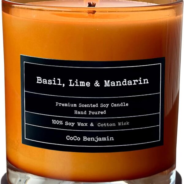 (Basil, Lime & Mandarin) 100% Natural Soy Wax Candle by CoCo Benjamin - Highly Scented & Hand-Poured Luxury Candle - Clean Burning Cotton Wick