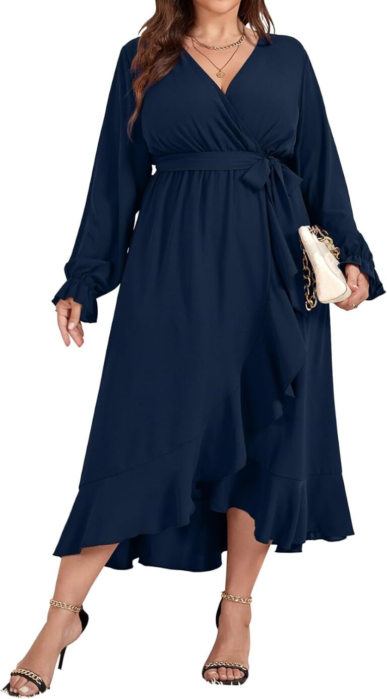 SCOMCHIC Women Plus Size Formal Dresses Fall Long Sleeve Faux Wrap V Neck High Low Ruffle Cocktail Wedding Guest Maxi Dress