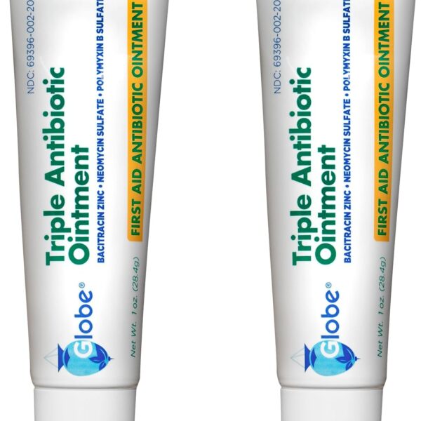 Globe Triple Antibiotic First Aid Ointment, 1 oz (2-Pack) First Aid Antibiotic Ointment, 24-Hour Infection Protection, Wound Care Treatment for Minor Scrapes, Burns and Cuts