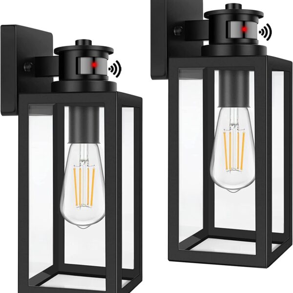 2-Pack Motion Sensor Outdoor Lights, Upgrade Dusk to Dawn Wall Mount Light Fixtures, Motion Sensor Wall Lights for Outside House Porch Garage, Exterior Black Wall Lanterns Sconce with Clear Glass