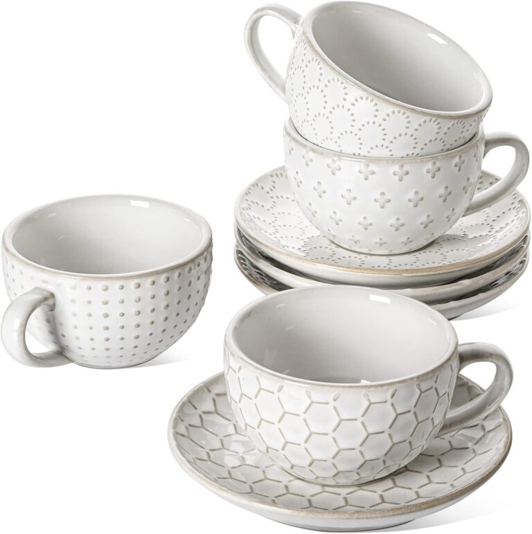 LE TAUCI 6 oz Cappuccino Cups with Saucers, Ceramic Espresso Coffee Cup Set of 4, for Latte, Cafe Au Lait, Flat White, Tea, Dishwasher & Microwave Safe, Housewarming Gift, Embossed, White