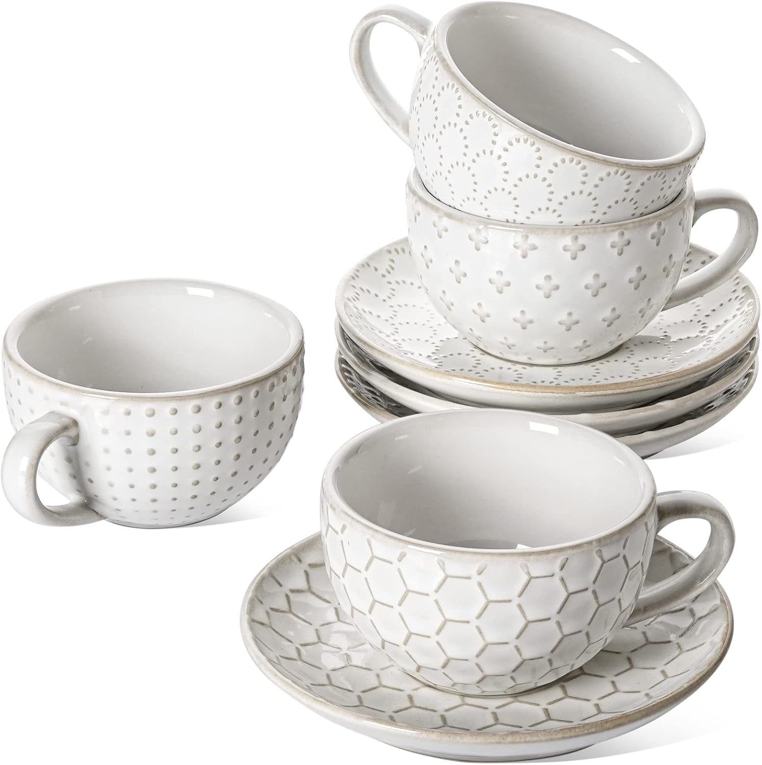 LE TAUCI 6 oz Cappuccino Cups with Saucers, Ceramic Espresso Coffee Cup Set of 4, for Latte, Cafe Au Lait, Flat White, Tea, Dishwasher & Microwave Safe, Housewarming Gift, Embossed, White LE TAUCI 6 oz Cappuccino Cups with Saucers, Ceramic Espresso Coffee Cup Set of 4, for Latte, Cafe Au Lait, Flat White, Tea, Dishwasher & Microwave Safe, Housewarming Gift, Embossed, White