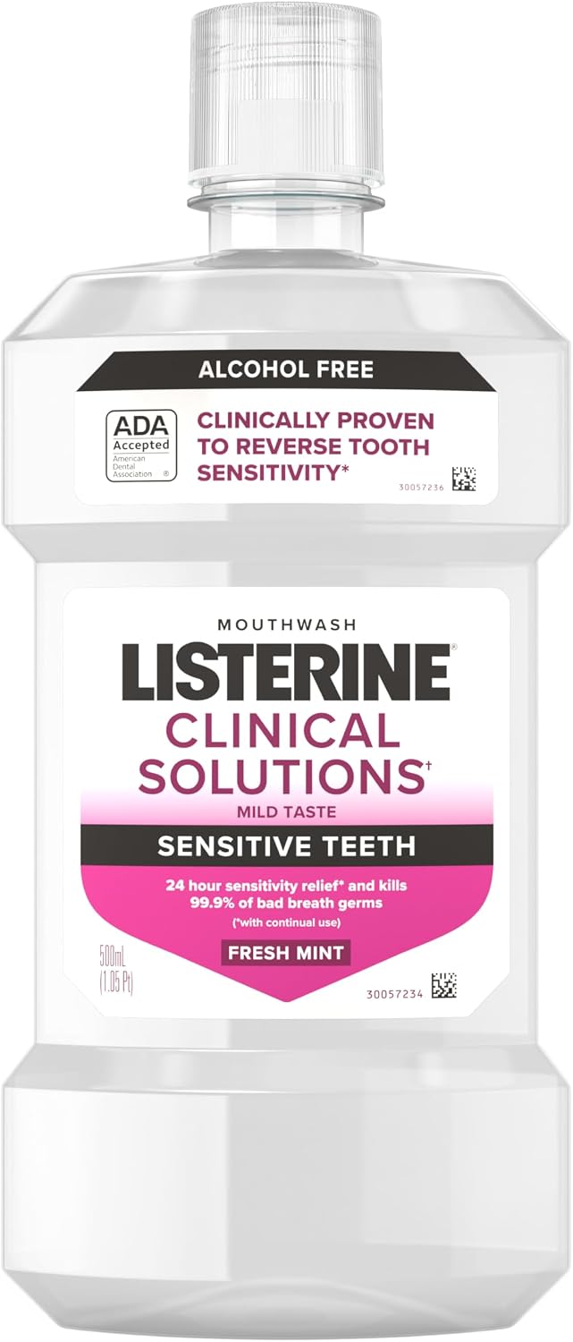 Listerine Clinical Solutions Sensitive Teeth Alcohol Free Mouthwash, Fresh Breath Dental Mouthwash Provides Protection & Relief from Tooth Sensitivity Pain, Daily Fresh Mint Oral Rinse, 500 mL Listerine Clinical Solutions Sensitive Teeth Alcohol Free Mouthwash, Fresh Breath Dental Mouthwash Provides Protection & Relief from Tooth Sensitivity Pain, Daily Fresh Mint Oral Rinse, 500 mL
