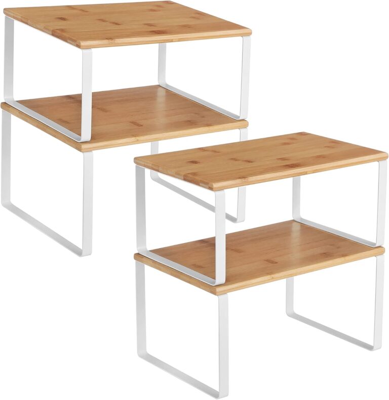 SONGMICS Cabinet Organizer Shelf, Set of 4 Kitchen Counter Shelves, Kitchen Storage, Spice Rack, Stackable, Expandable, Metal and Engineered Wood, Cloud White and Natural Beige UKCS010N01