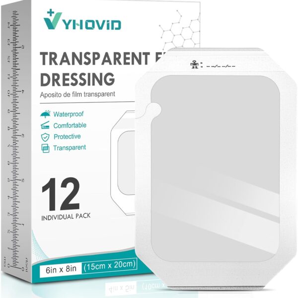 Transparent Film Dressing 6'' x 8'' Box of 12 - Waterproof Bandages for Swimming, Showering, Wounds, Post Surgical Shower or IV Shield, Tattoo Aftercare Bandage, Scar Therapy, Adhesive Patches