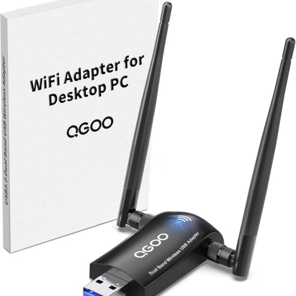 WiFi Adapter for Desktop PC, QGOO Wireless AC1300Mbps USB 3.0 Network Dongle with 5dBi High Gain Dual Antennas, 2.4GHz/5GHz Dual Band for Laptop Computer Compatible Windows11/10/8/7