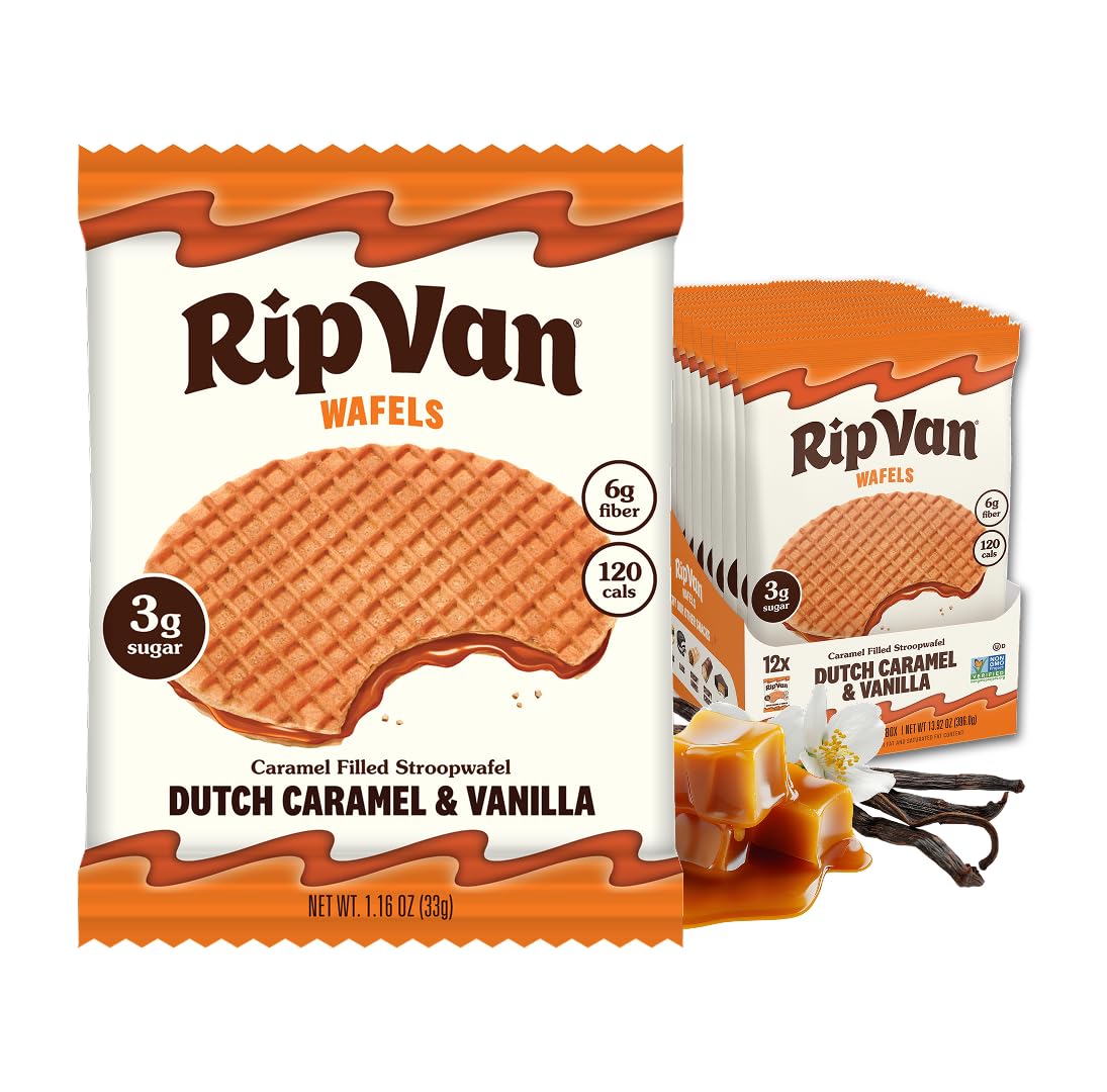 Rip Van Wafels Dutch Caramel & Vanilla Stroopwafels, Healthy Snacks, Non-GMO, Low Calorie, Low Sugar (3g), Office Snacks, Keto Friendly, 12 Count Rip Van Wafels Dutch Caramel & Vanilla Stroopwafels, Healthy Snacks, Non-GMO, Low Calorie, Low Sugar (3g), Office Snacks, Keto Friendly, 12 Count