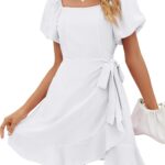 Sampeel Womens Summer Dresses Square Neck Puff Sleeve Tie Waist Short Dress