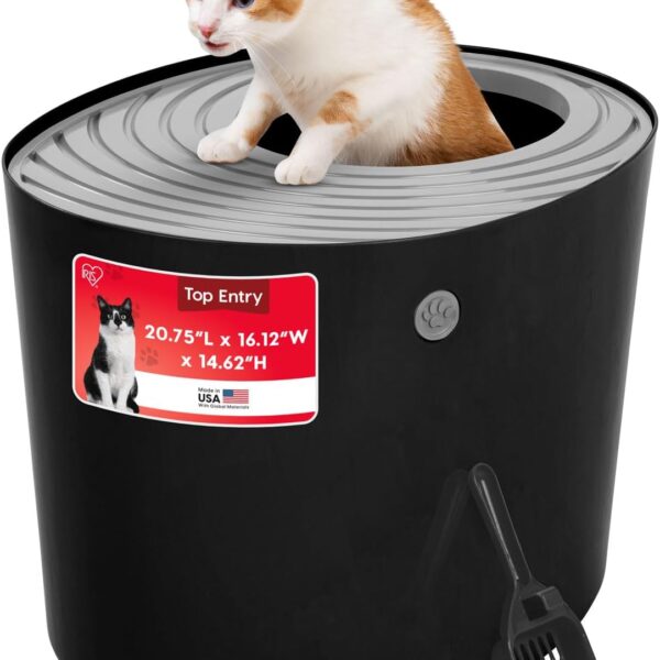 IRIS USA Cat Litter Box, Large Top Entry with Litter Catching Lid and Scoop, Dog Proof, Cat Box Enclosure, Black/Gray