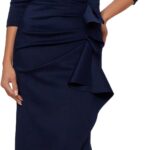 Xscape Women's Floor Length V-Neck Bodycon Evening Gown with 3/4 Sleeves, Rushing, & Ruffle Detail, Midnight, 14