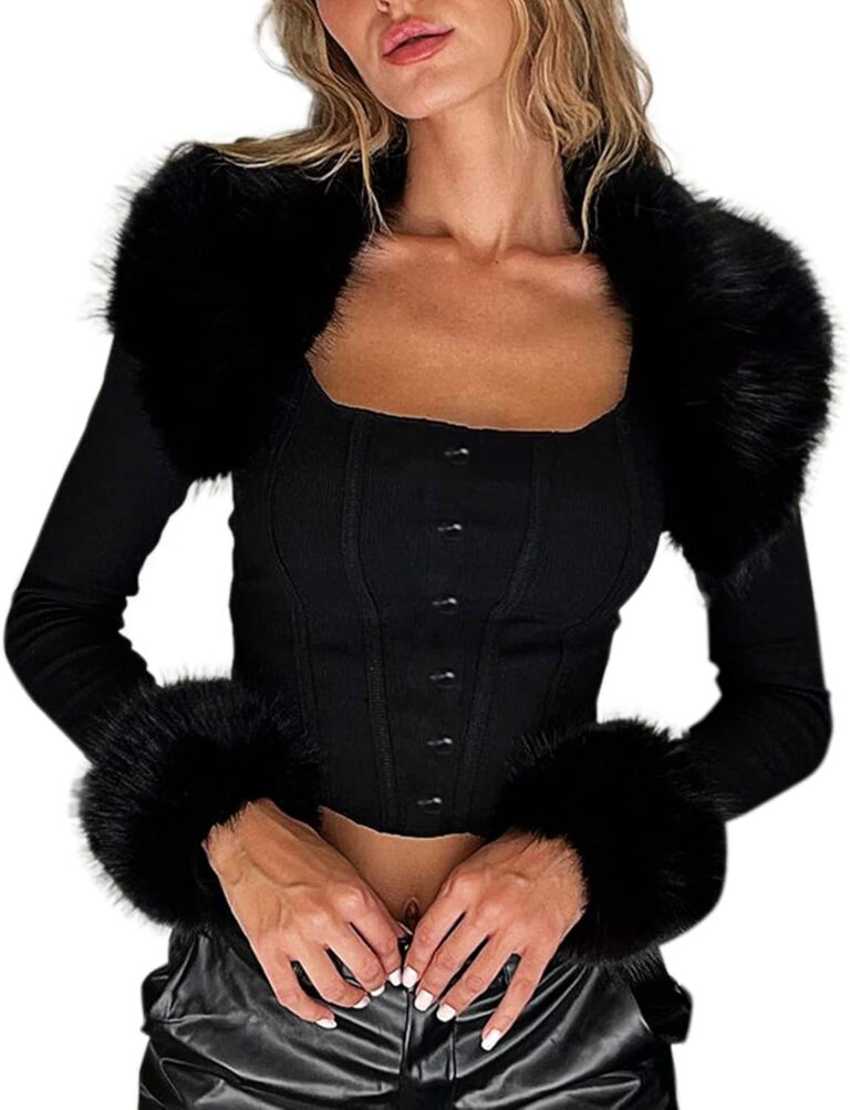 Women Long Sleeve Crop Jacket with Faux Fur Collar Coat Outwear Lightweight Casual Jackets Clubwear