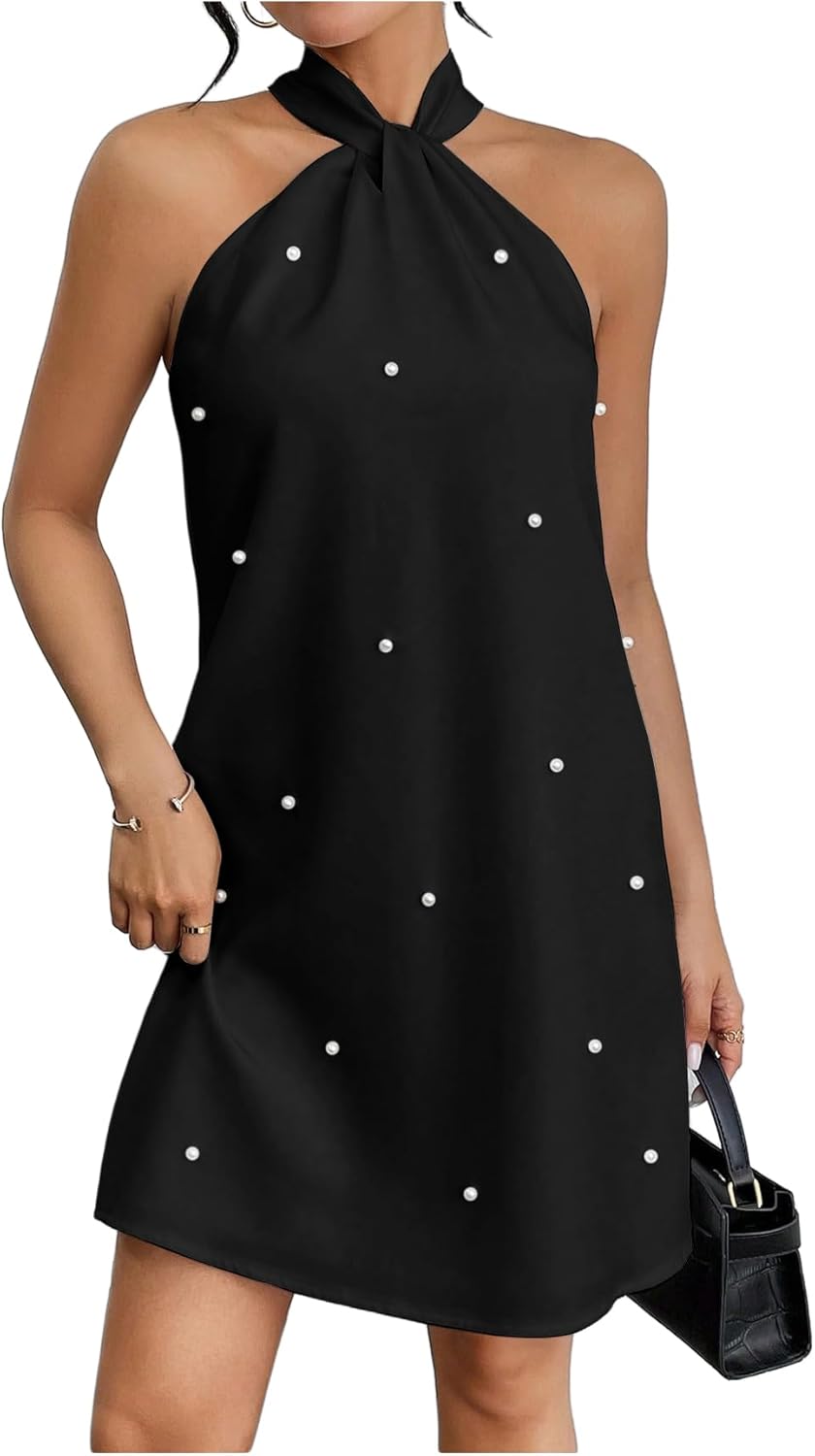 Floerns Women's Pearl Beaded Halter Twist Sleeveless Tie Back Dress A Line Dress Floerns Women's Pearl Beaded Halter Twist Sleeveless Tie Back Dress A Line Dress