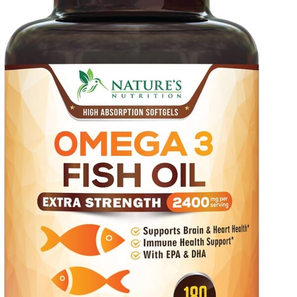 Omega 3 Fish Oil Supplements - 2400mg Fish Oil Per Serving - Triple Strength Omega-3 with EPA & DHA Fatty Acids - Natural Heart, Brain & Immune Support - Wild Caught, Bottled in USA - 180 Softgels