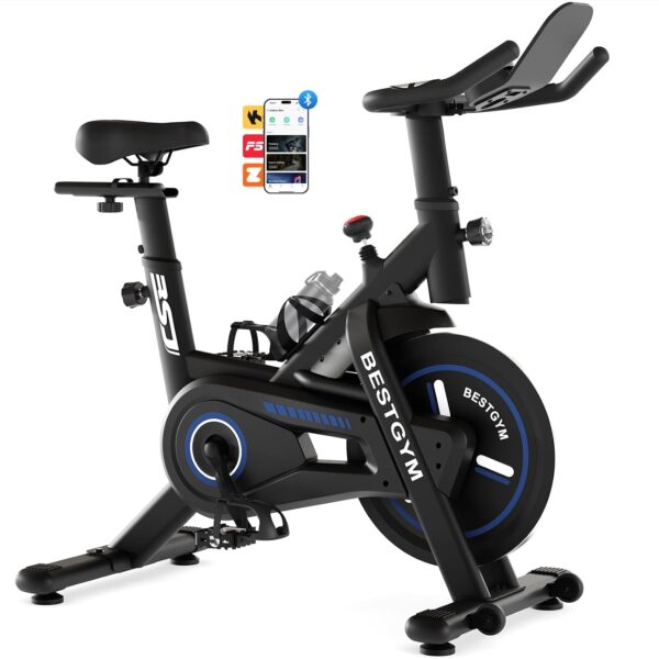 Exercise Bike, Brake Pad/Magnetic Stationary Bike with App, Low Noise Indoor Cycling Bike with 330lbs Weight Capacity, Adjustable Seat, Tablet Holder, Water Bottle Holder for Home Fitness and Weight Loss