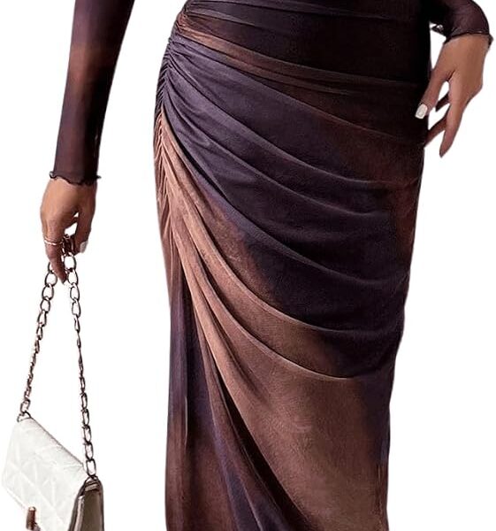 BEAUDRM Women's Fall Wedding Guest Dress Long Sleeve Cocktail Date Night Sexy Y2K Bodycon Ruched Mesh Formal Maxi Dresses