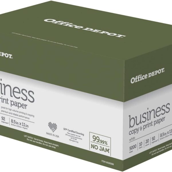 Office Depot Business Multi-Use Printer & Copy Paper, 10 Reams, White, Letter (8.5" x 11"), 5000 Sheets Per Case, 20 Lb, 92 Brightness, 1 Case