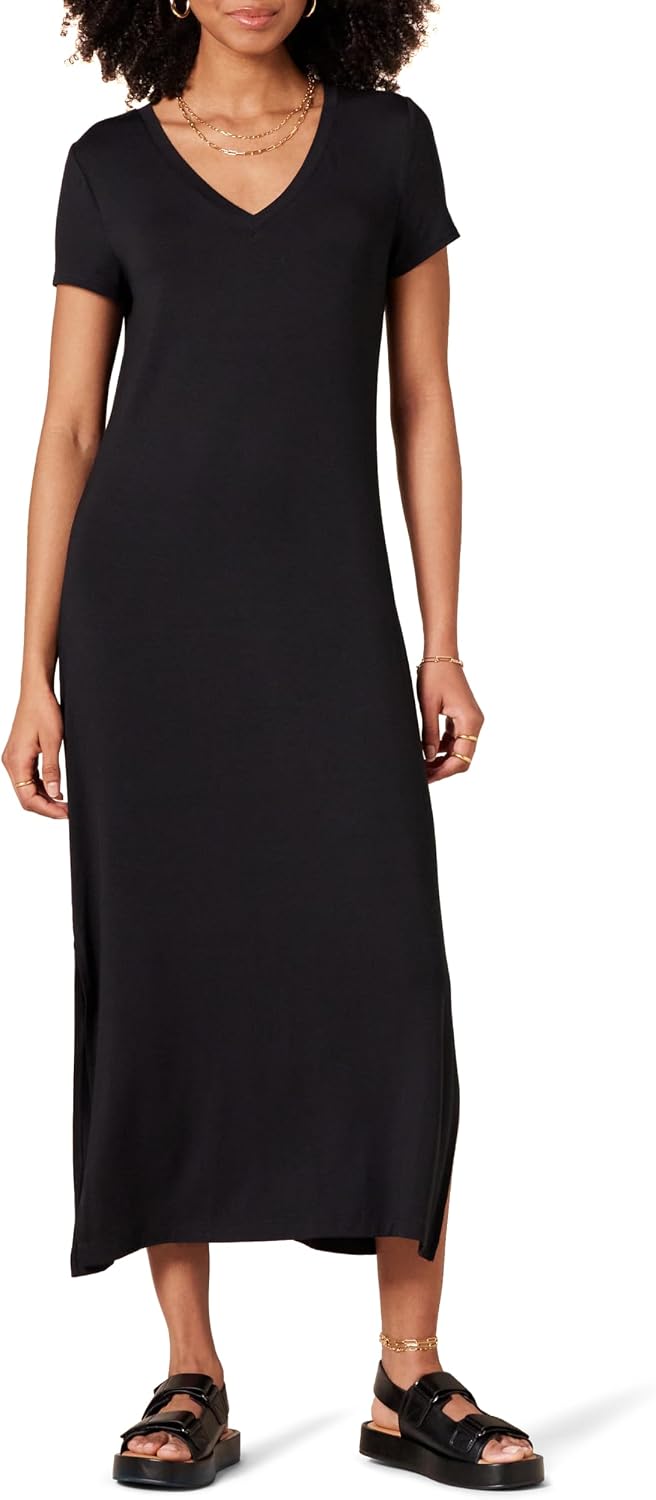 Amazon Essentials Women's Regular Fit Jersey V-Neck Short Sleeve Midi Length T-Shirt Dress, Soft Viscose Stretch Jersey with Side Slits Amazon Essentials Women's Regular Fit Jersey V-Neck Short Sleeve Midi Length T-Shirt Dress, Soft Viscose Stretch Jersey with Side Slits