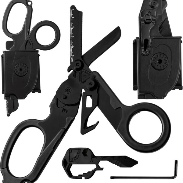 Heavy Duty 6 in 1 Multipurpose Emergency Trauma Shears Scissors with Holster, Outdoor Camping Rescue Tools with Glass Breaker, Strap Cutter Stainless Steel Foldable Scissors Pliers