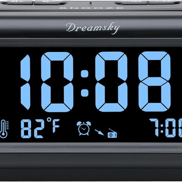DreamSky Alarm Clock Radio for Bedrooms with Battery Backup | Large Numbers with Dimmer Wheel, USB Port, Bedside Digital FM Radio with Sleep Timer, Temperature, Adjustable Volume, Snooze