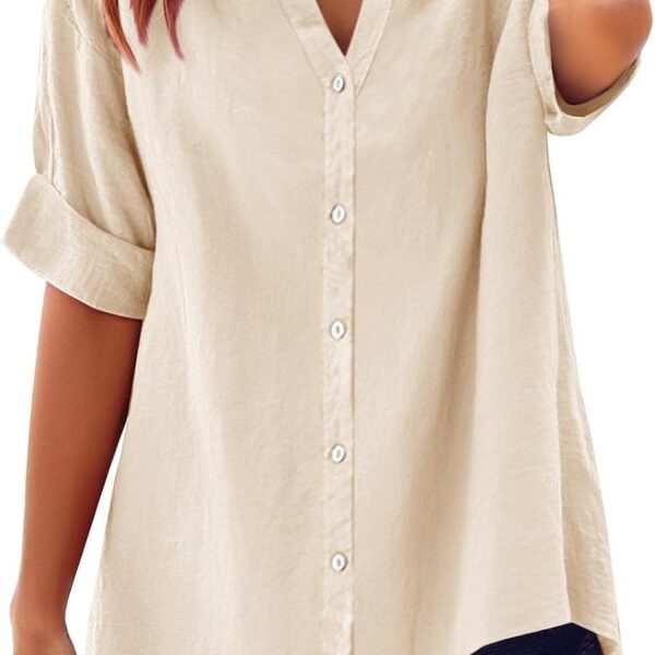 Cotton Linen Shirts for Women 2025 Summer Short Sleeve V Neck Button Down Tops Dressy Casual Oversized Tshirts