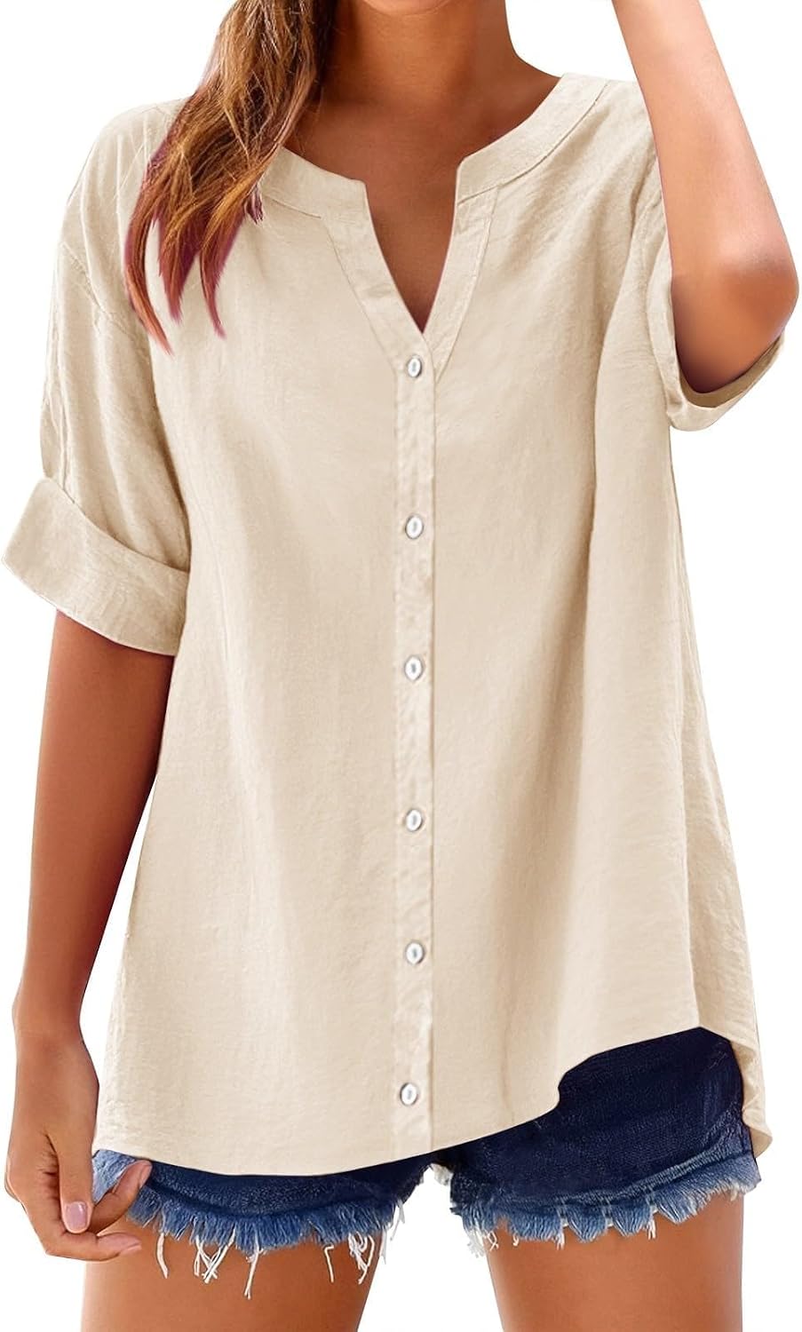 Cotton Linen Shirts for Women 2025 Summer Short Sleeve V Neck Button Down Tops Dressy Casual Oversized Tshirts Cotton Linen Shirts for Women 2025 Summer Short Sleeve V Neck Button Down Tops Dressy Casual Oversized Tshirts