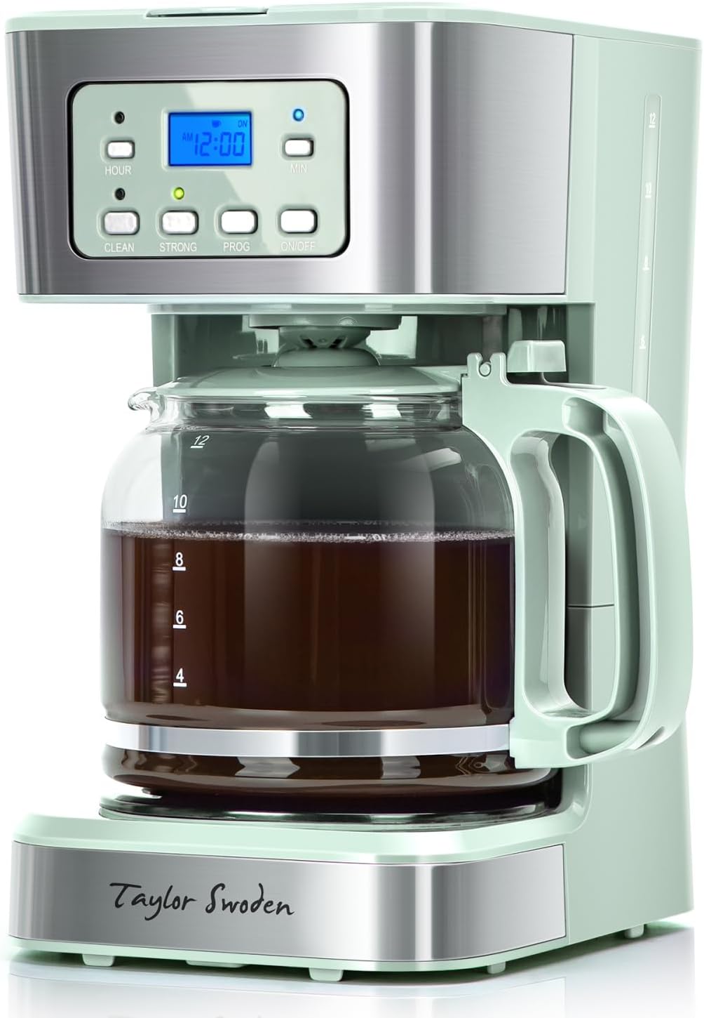 Taylor Swoden 12-Cup Programmable Coffee Maker, Regular & Strong Brew Drip Coffee Machine for Home and Office, Glass Carafe, Pause & Serve, Auto Shut Off, Green & Stainless Steel Taylor Swoden 12-Cup Programmable Coffee Maker, Regular & Strong Brew Drip Coffee Machine for Home and Office, Glass Carafe, Pause & Serve, Auto Shut Off, Green & Stainless Steel