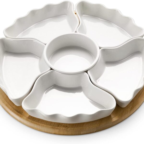DOWAN 360 Rotatable Serving Tray and Platters, 12 Inch Divided Serving Bowls for Party, Kitchen Decor, Removable Serving Dishes for Chips and Dip, Fruit, Veggies, Candy and Snacks, 7 Pieces, White