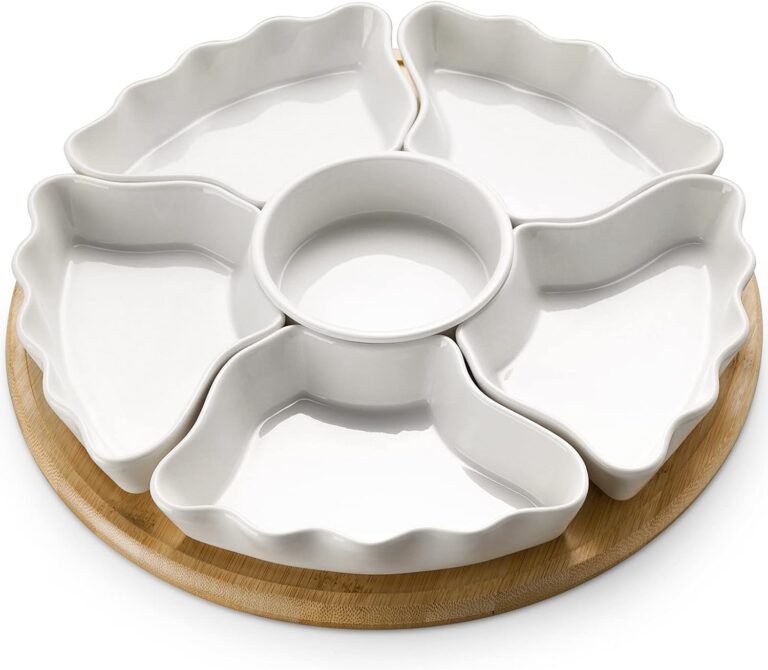 DOWAN 360 Rotatable Serving Tray and Platters, 12 Inch Divided Serving Bowls for Party, Kitchen Decor, Removable Serving Dishes for Chips and Dip, Fruit, Veggies, Candy and Snacks, 7 Pieces, White
