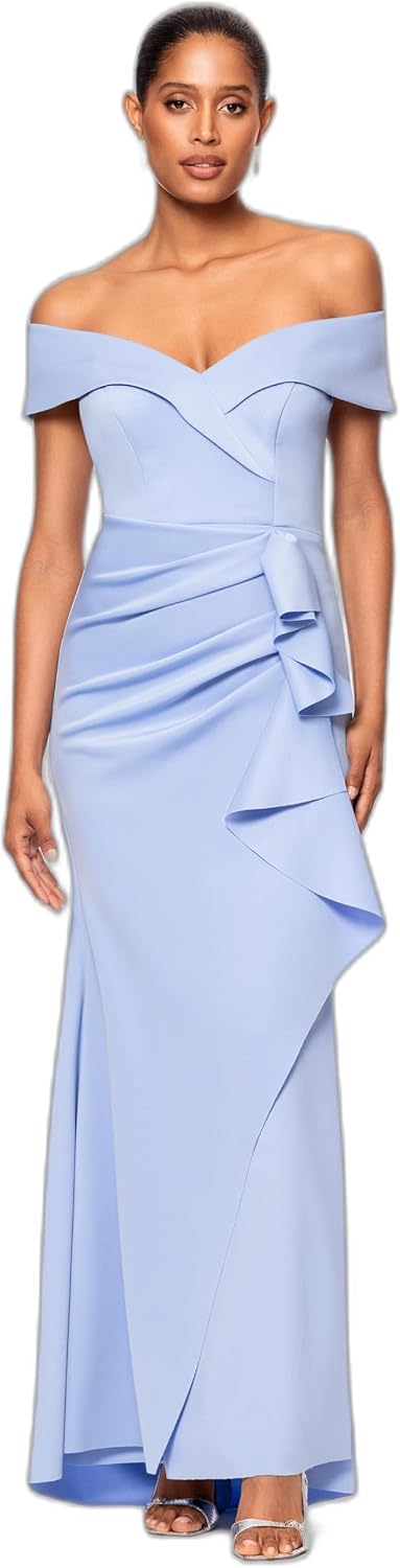 Xscape Women's Long Off-the-Shoulder Sweetheart Neckline Formal Evening Gown with Ruching and Draped Ruffle Detail Xscape Women's Long Off-the-Shoulder Sweetheart Neckline Formal Evening Gown with Ruching and Draped Ruffle Detail