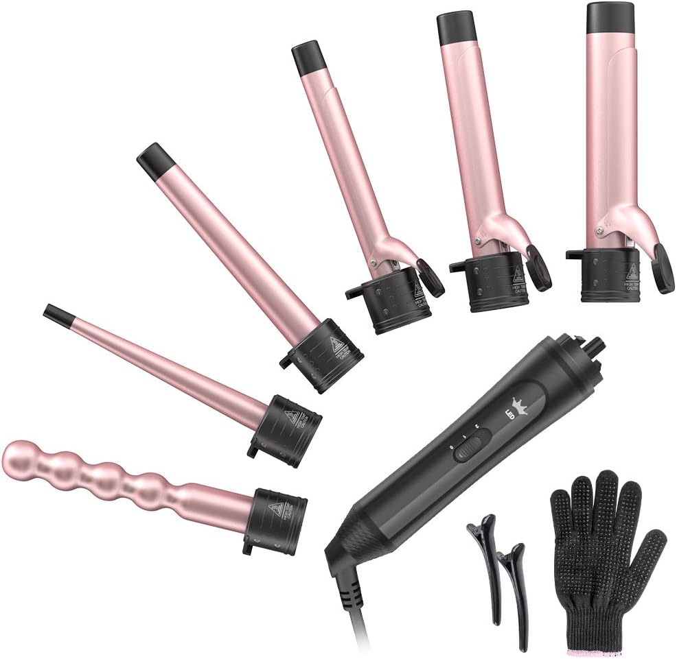 6-in-1 Curling Iron, Professional Instant Heat Up Hair Curling Wand Set with 6 Interchangeable Ceramic Barrels (0.35'' to 1.25'') and 2 Temperature Adjustments, Heat Protective Glove & 2 Clips 6-in-1 Curling Iron, Professional Instant Heat Up Hair Curling Wand Set with 6 Interchangeable Ceramic Barrels (0.35'' to 1.25'') and 2 Temperature Adjustments, Heat Protective Glove & 2 Clips
