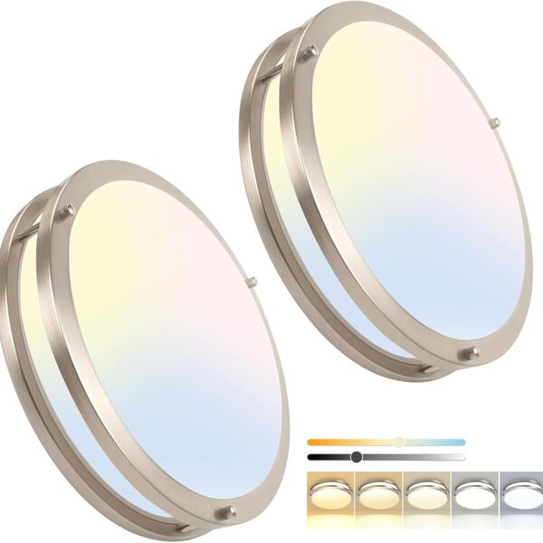 OOWOLF 13inch LED Flush Mount Ceiling Light Fixture Dimmable Brushed Nickel, Easy Install Ceiling Lamp Fixture Without Flicker, Super Bright 36W 3600LM 5CCT Warm to White Light 3000K to 6000K 2-Pack