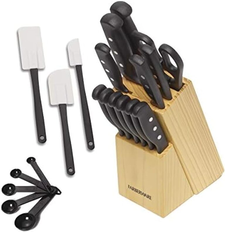 Farberware Knife Block Set 22-Piece Kitchen Knife Set with High-Carbon Stainless Steel Blades, Non-Slip Handles, Chef Knife, Santoku, Steak Knives, Scissors, Sharpening Steel, and Storage Block