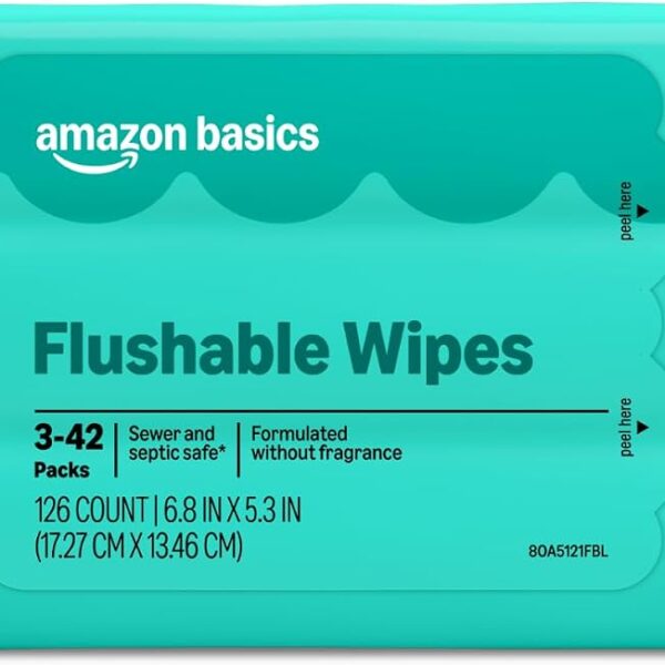 Amazon Basics Flushable Wipes, Fragrance Free, Adult Wet Wipes,126 Count (3 Packs of 42), Packaging May Vary