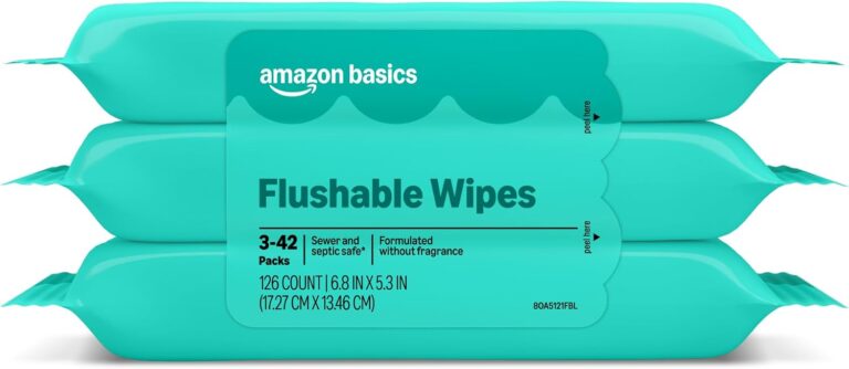 Amazon Basics Flushable Wipes, Fragrance Free, Adult Wet Wipes,126 Count (3 Packs of 42), Packaging May Vary