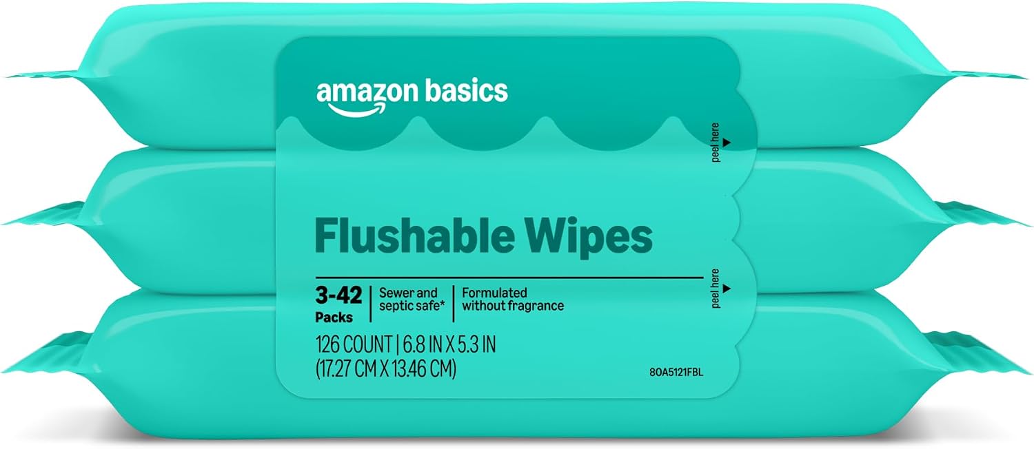 Amazon Basics Flushable Wipes, Fragrance Free, Adult Wet Wipes,126 Count (3 Packs of 42), Packaging May Vary Amazon Basics Flushable Wipes, Fragrance Free, Adult Wet Wipes,126 Count (3 Packs of 42), Packaging May Vary