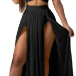 Women Sexy 2 Piece Outfits Dress Chiffon Strap Deep V Neck Bra Crop Top High Split Maxi Dresses Skirt Set