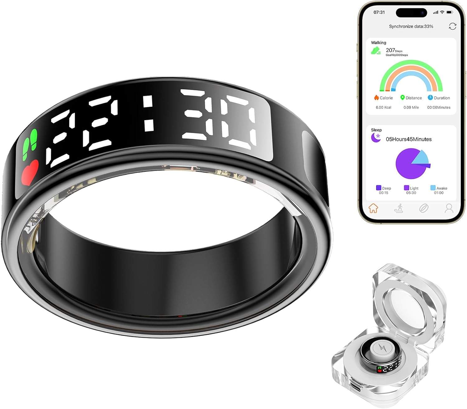 Smart Ring Health Tracker with LED Display Screen, IP68 Waterproof Fitness Tracker, Bluetooth Connection Health Ring Compatible with iOS/Android, Activity Tracker/Heart Rate/Blood Oxygen/Sleep/Step Smart Ring Health Tracker with LED Display Screen, IP68 Waterproof Fitness Tracker, Bluetooth Connection Health Ring Compatible with iOS/Android, Activity Tracker/Heart Rate/Blood Oxygen/Sleep/Step
