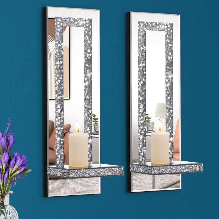 Aeveco Crystal Crush Diamond Mirrored Candle Sconces, Silver Wall Candle Holder Set of 2, Wall Decorations for Living RoomDining Room (Rectangle Stripe (Style 4))