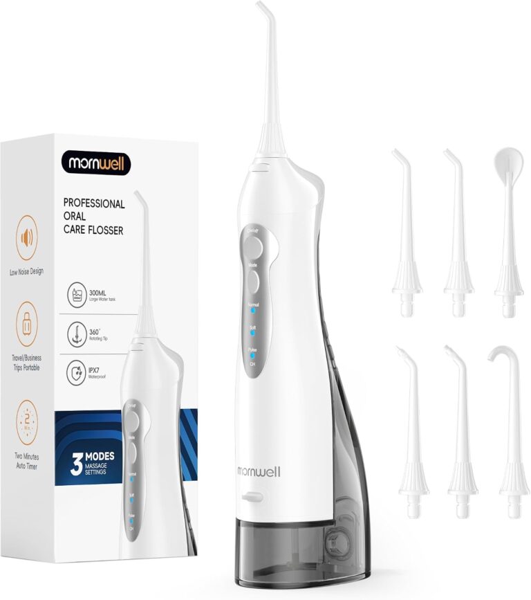 Mornwell Water Flosser Cordless, Water Flossers for Teeth - 300ML Tank and 6 Jet Tips, 3 Modes Portable Dental Oral Irrigator, Braces Care, Rechargeable Waterproof Portable Water Flosser (White)