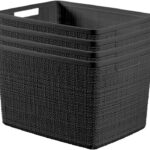 Curver Set of 4 Large 20L Jute Decorative Plastic Organization and Storage Baskets - Perfect Bins for Home Office, Closet Shelves, Kitchen Pantry and All Bedroom Essentials, Black