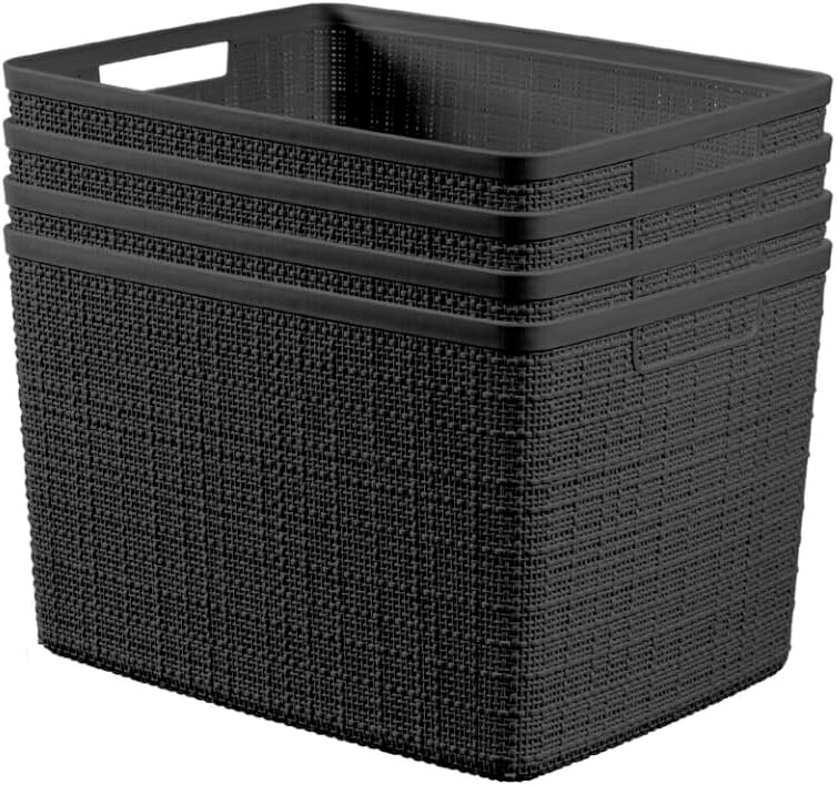Curver Set of 4 Large 20L Jute Decorative Plastic Organization and Storage Baskets - Perfect Bins for Home Office, Closet Shelves, Kitchen Pantry and All Bedroom Essentials, Black Curver Set of 4 Large 20L Jute Decorative Plastic Organization and Storage Baskets - Perfect Bins for Home Office, Closet Shelves, Kitchen Pantry and All Bedroom Essentials, Black