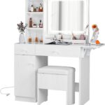 IRONCK Vanity Desk with LED Lighted Mirror & Power Outlet, Makeup Table with Drawers & Cabinet,Storage Stool, White