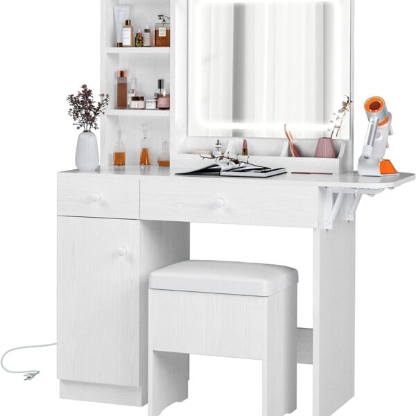 IRONCK Vanity Desk with LED Lighted Mirror & Power Outlet, Makeup Table with Drawers & Cabinet,Storage Stool, White