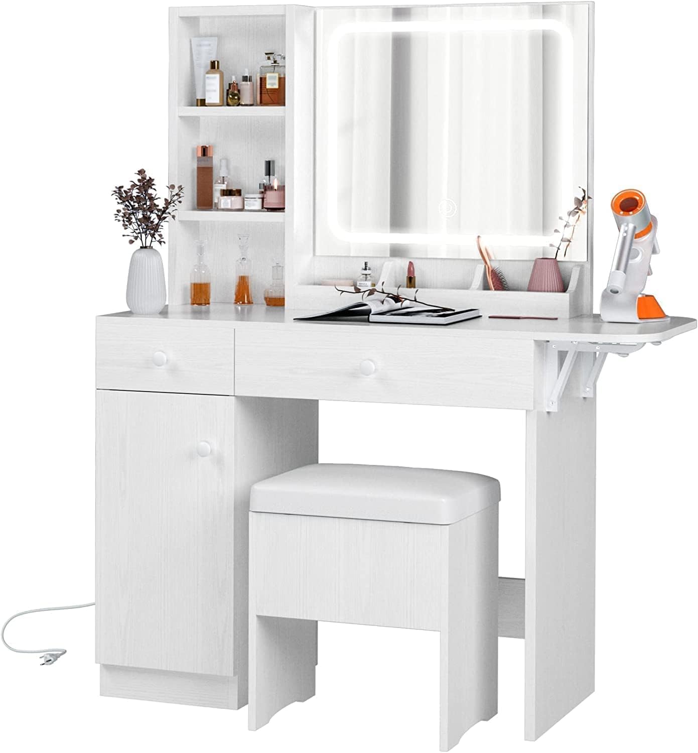 IRONCK Vanity Desk with LED Lighted Mirror & Power Outlet, Makeup Table with Drawers & Cabinet,Storage Stool, White IRONCK Vanity Desk with LED Lighted Mirror & Power Outlet, Makeup Table with Drawers & Cabinet,Storage Stool, White