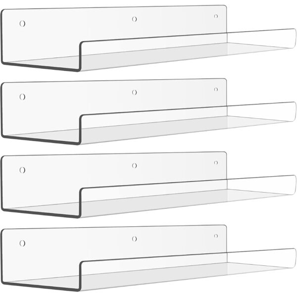 upsimples 6 Pack Acrylic Shelves for Wall Storage, 15" x 4 Floating Bookshelves for Kids, Display Shelf Organizer for Bathroom, Bedroom, Living Room, Kitchen, Room Decor, Clear