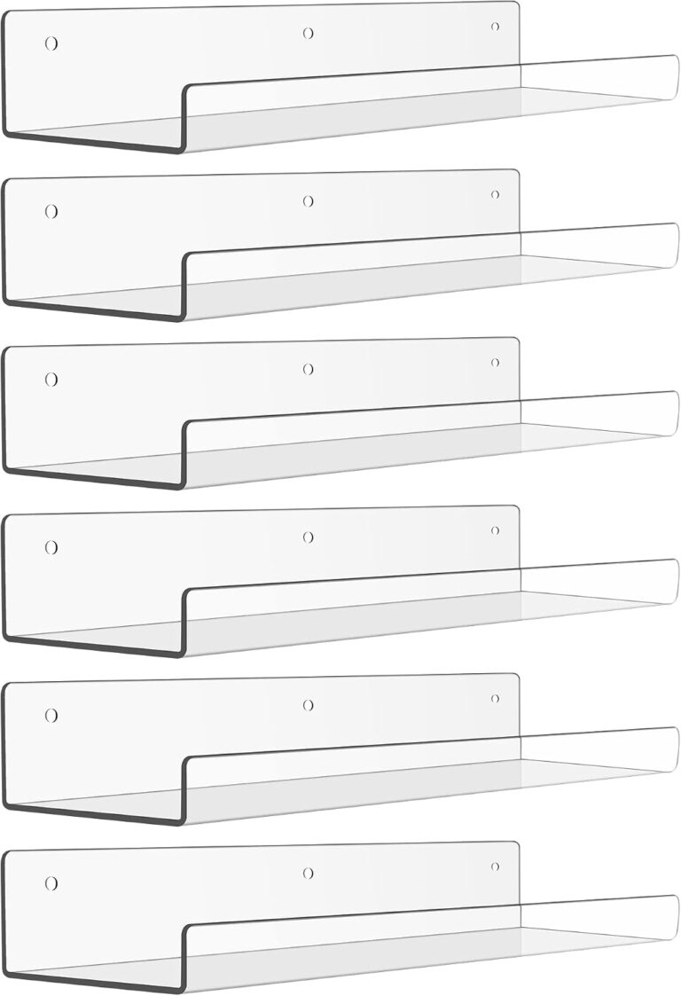 upsimples 6 Pack Acrylic Shelves for Wall Storage, 15" x 4 Floating Bookshelves for Kids, Display Shelf Organizer for Bathroom, Bedroom, Living Room, Kitchen, Room Decor, Clear