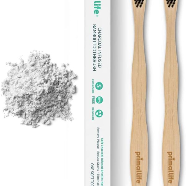 Primal Life Organics - Charcoal Toothbrush, Made with Charcoal & Bamboo, Biodegradable, BPA-Free, Perfect for Kids & Adults, Recyclable, Gently Massages Gums & Teeth, Zero Waste Toothbrush, (2-Pack)