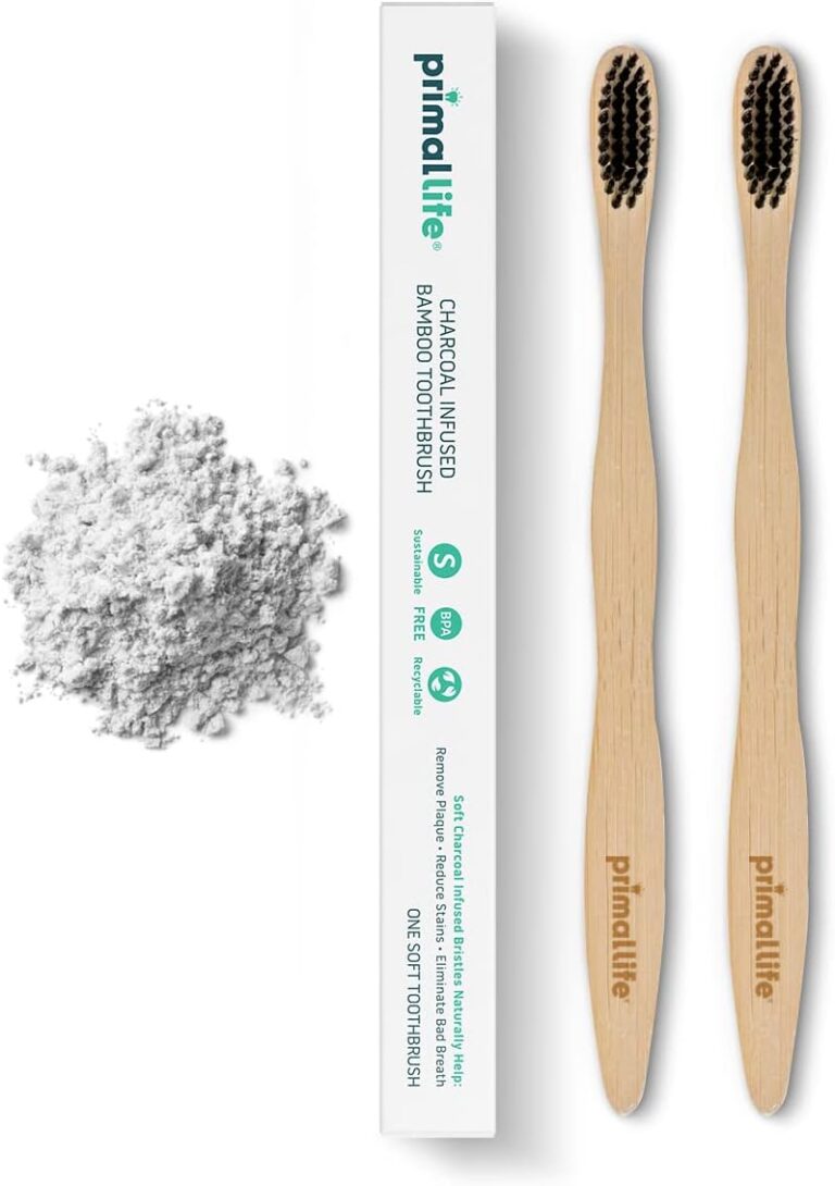Primal Life Organics - Charcoal Toothbrush, Made with Charcoal & Bamboo, Biodegradable, BPA-Free, Perfect for Kids & Adults, Recyclable, Gently Massages Gums & Teeth, Zero Waste Toothbrush, (2-Pack)