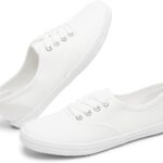 TUOPIN Womens White Canvas Sneakers Low Top Lace-up Casual Tennis Shoes | Breathable canvas, non-slip sole, lace-up, round-toe, slip-on for walking, tennis, casual.